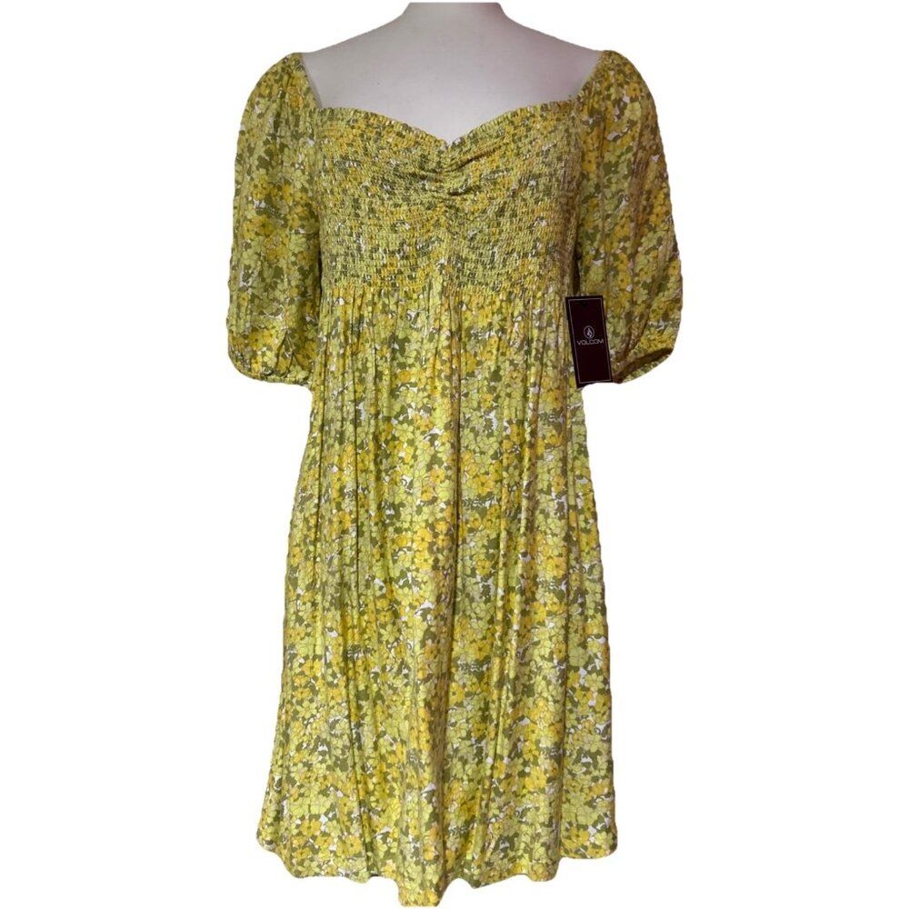 Babydoll Mini-dress Yellow Floral Stretch Bodice Volcom Woman's 8 Fairy core M - Picture 2 of 14